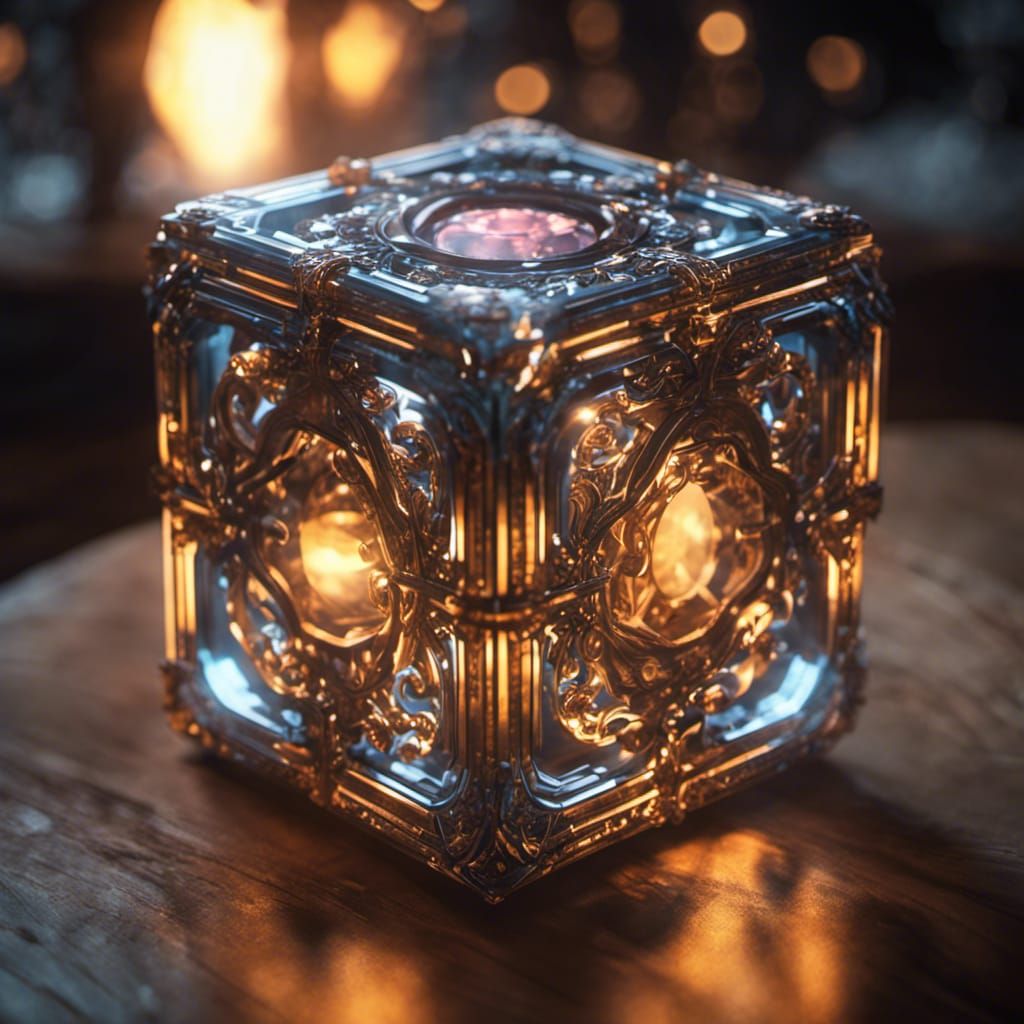 Ornate Glowing Glass Cube in 3D Style
