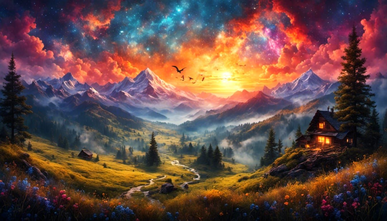 Realistic Sunset Landscape with Birds in Flight