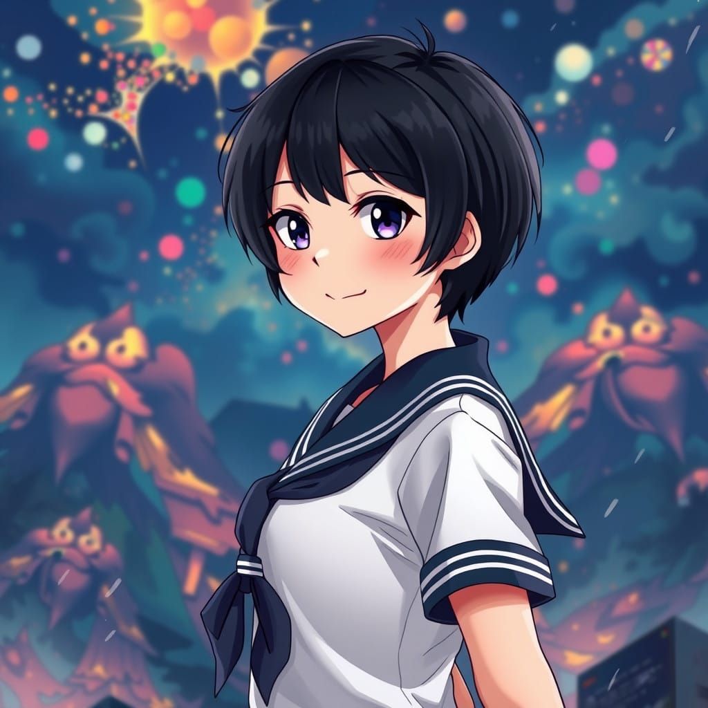 Vibrant Anime Girl in Sailor Costume, Set Against a Detailed...