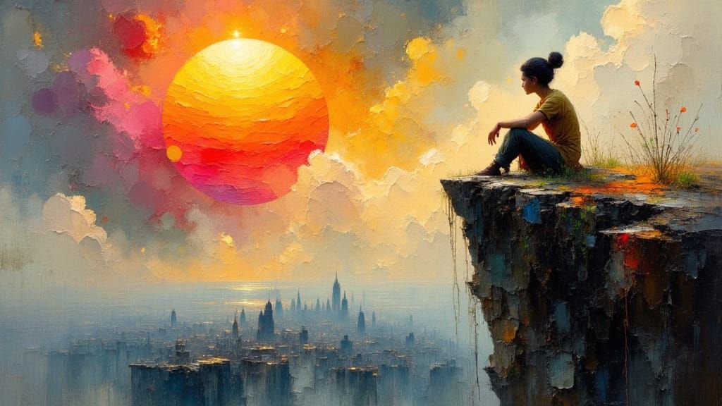 Neo-Gothic Sunset Over Distant Cityscape