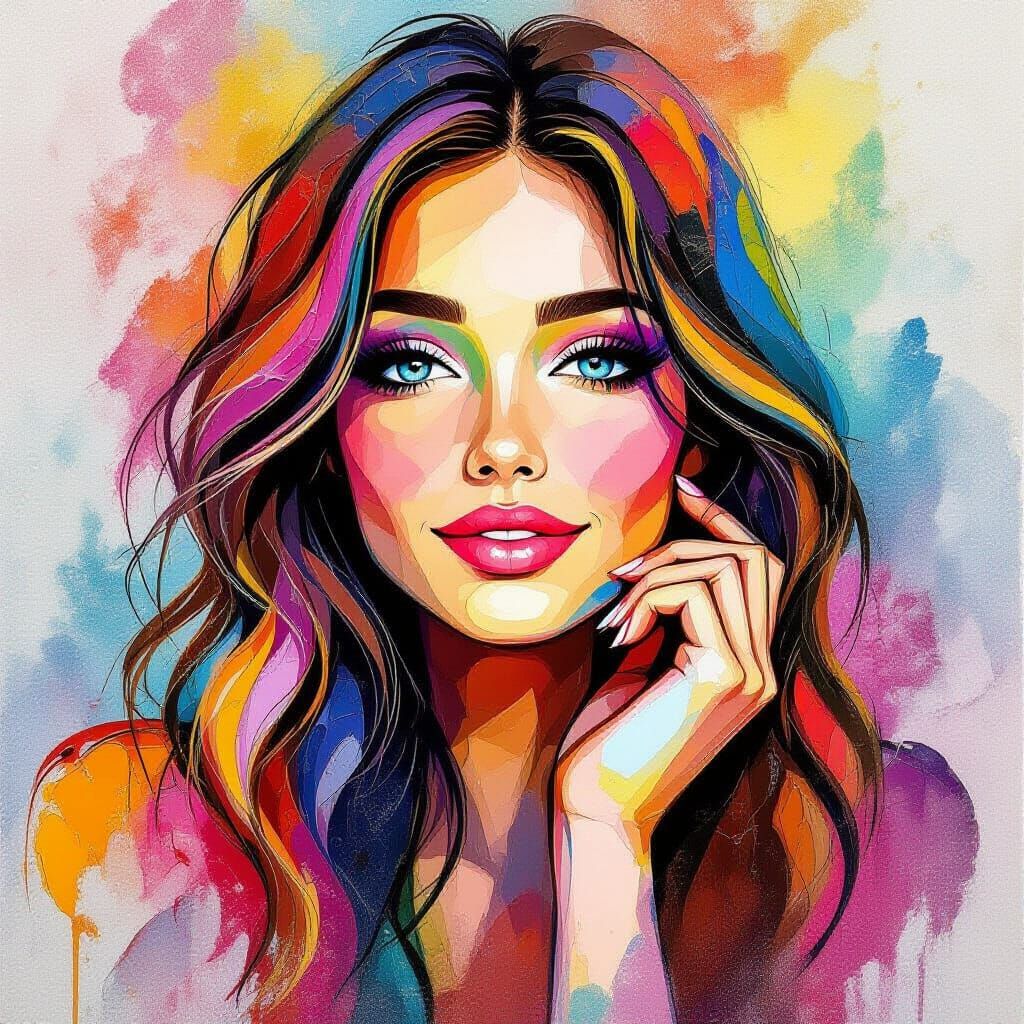 Colorful Hippie Girl Portrait in Acrylic Watercolor Impasto