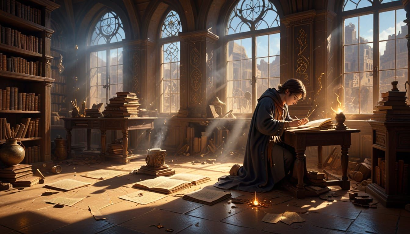 Wizard Apprentice Secretly Studies in Dusty Magical Study