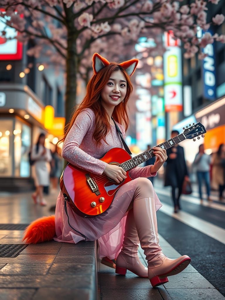 Akane busking with a guitar in Tokyo