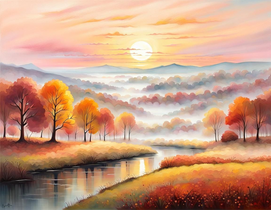 Ethereal Autumn Sunrise Landscape Painting