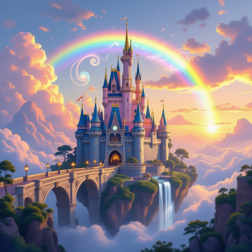 Majestic Rainbow Castle on Floating Island at Sunset