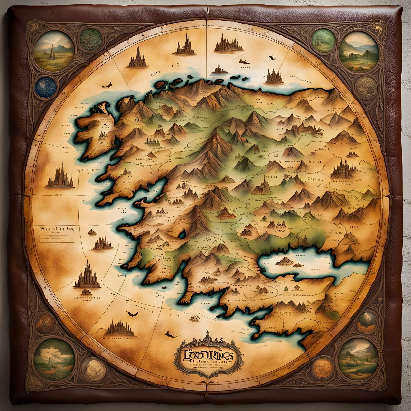 Middle Earth Map Painted on Leather