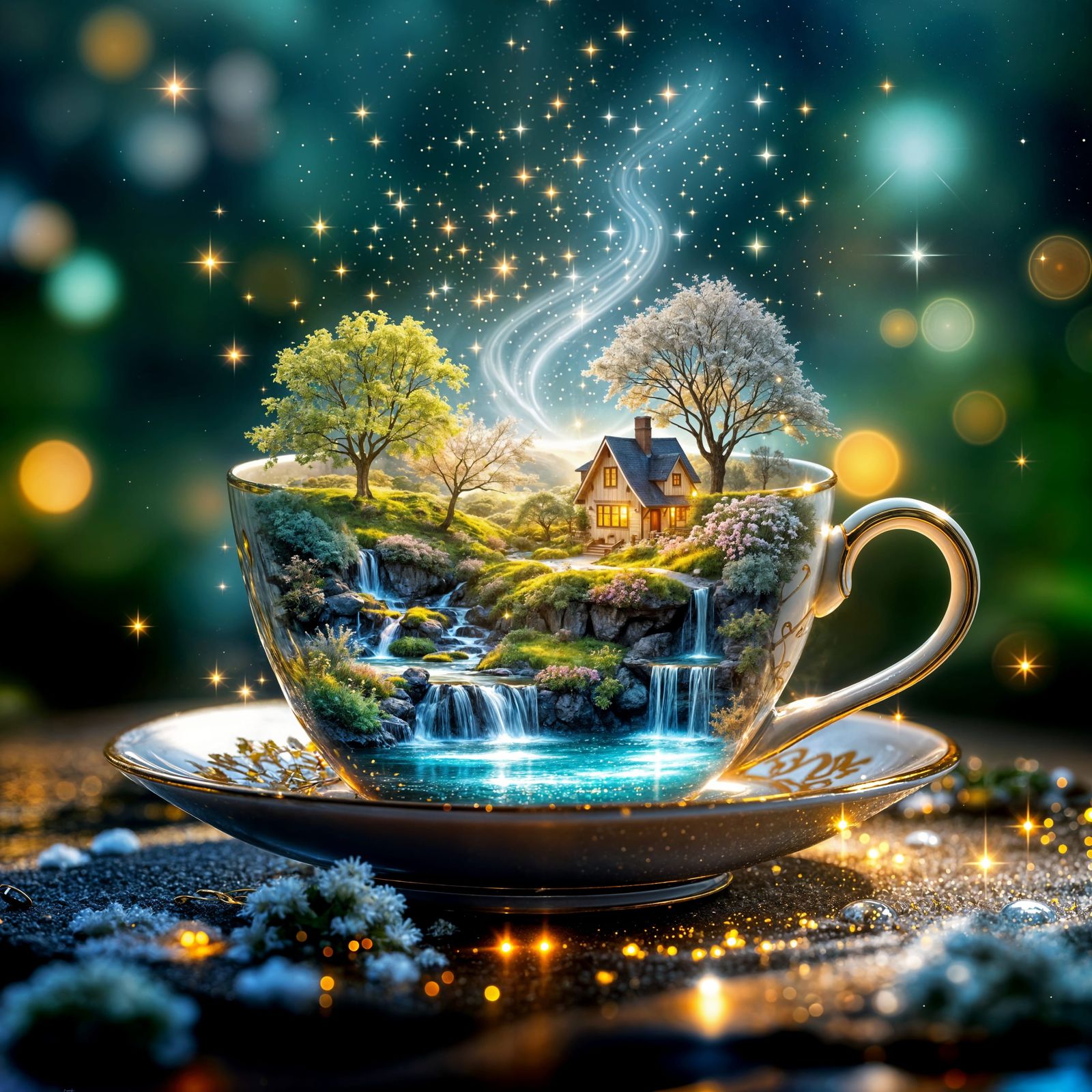 Miniature Spring Landscape Inside Teacup with Aurora Light