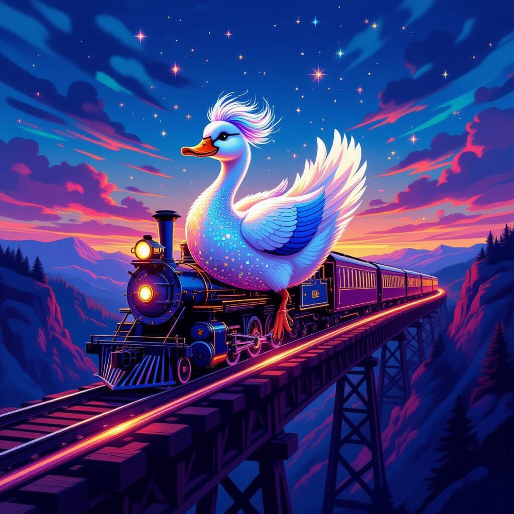 Disco Duck Dances on Speeding Train in Vibrant Digital Art S...