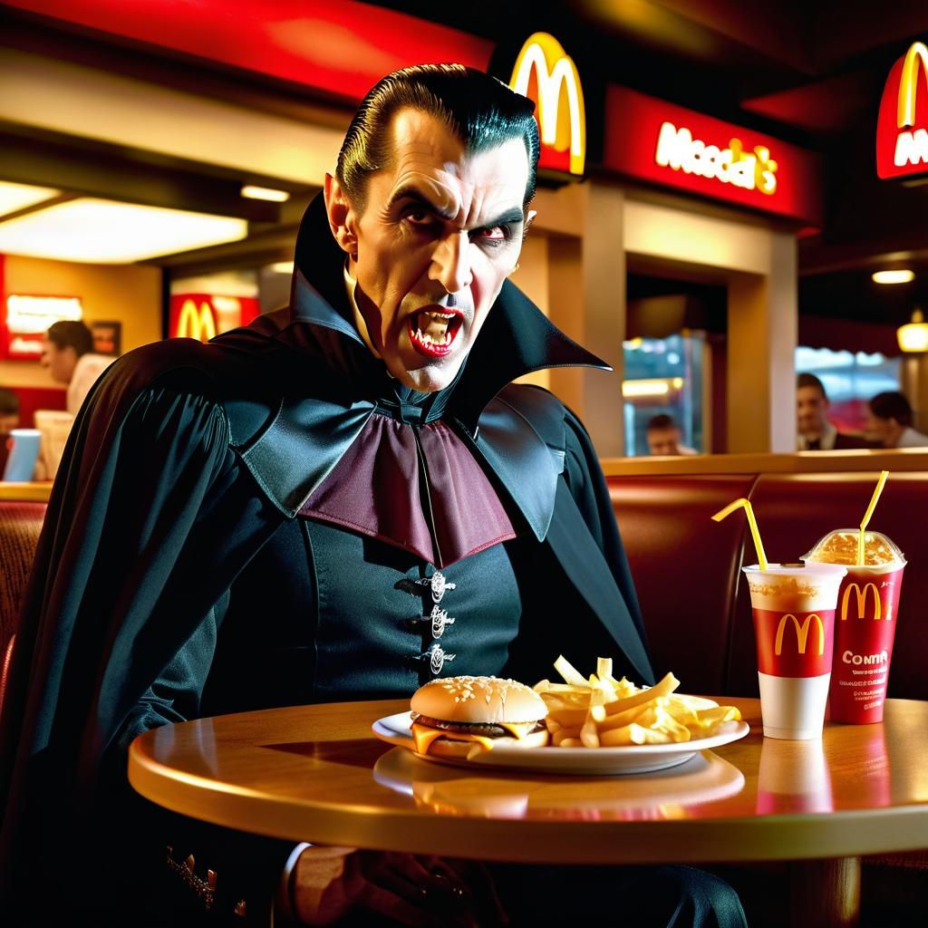Dracula's McDonald's: A Hyperrealistic Telephoto Photo