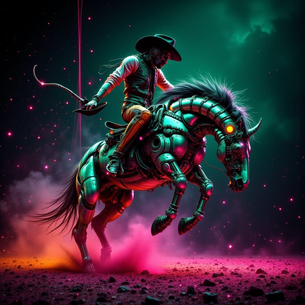 Futuristic Neon Rodeo: Cowboy on Robotic Bronco