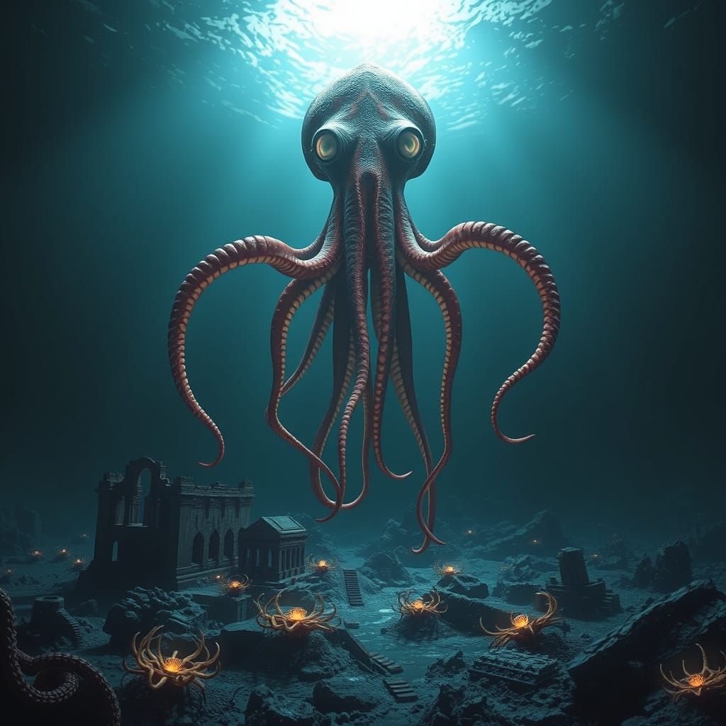Giant Squid Ascends from the Abyss in Hyperrealistic Splendo...