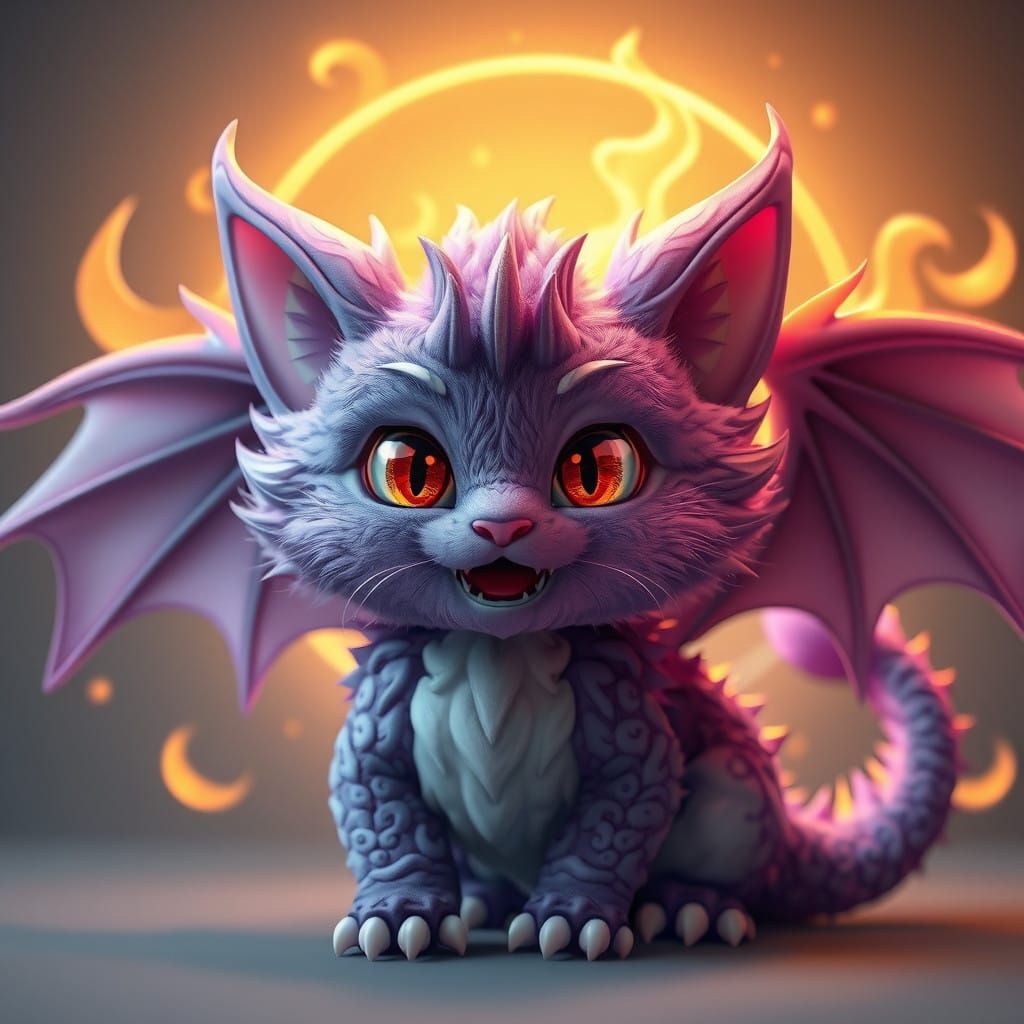 Regal Purple Dragon Cat with Wings and Golden Flames