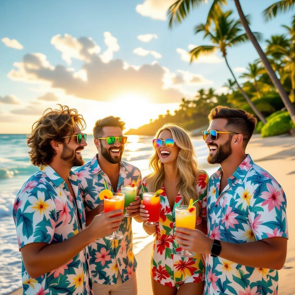 Friends Laughing with Cocktails on Sunny Beach