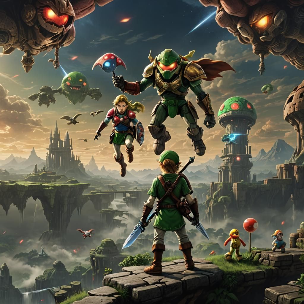 Link from Zelda, Super Mario, and Character from Metroid