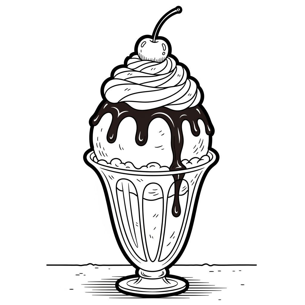 Cartoon Ice Cream Sundae with Playful Outlines