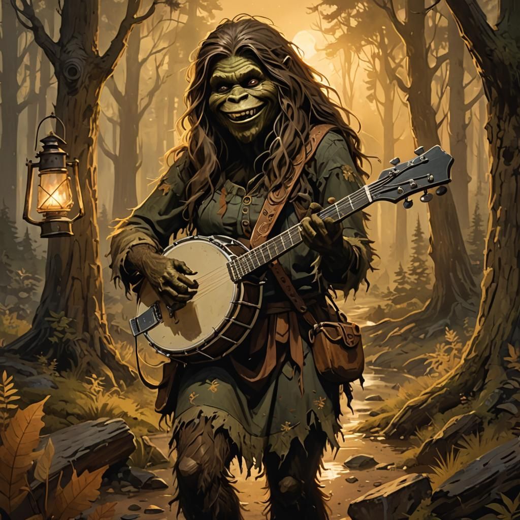 Enchanting Bigfoot Banjo Player in Sinister Forest