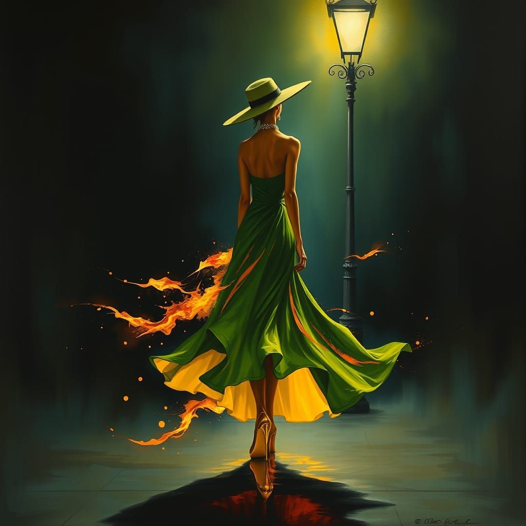 Surreal Dreamlike Painting of Elegant Woman Under Street Lam...