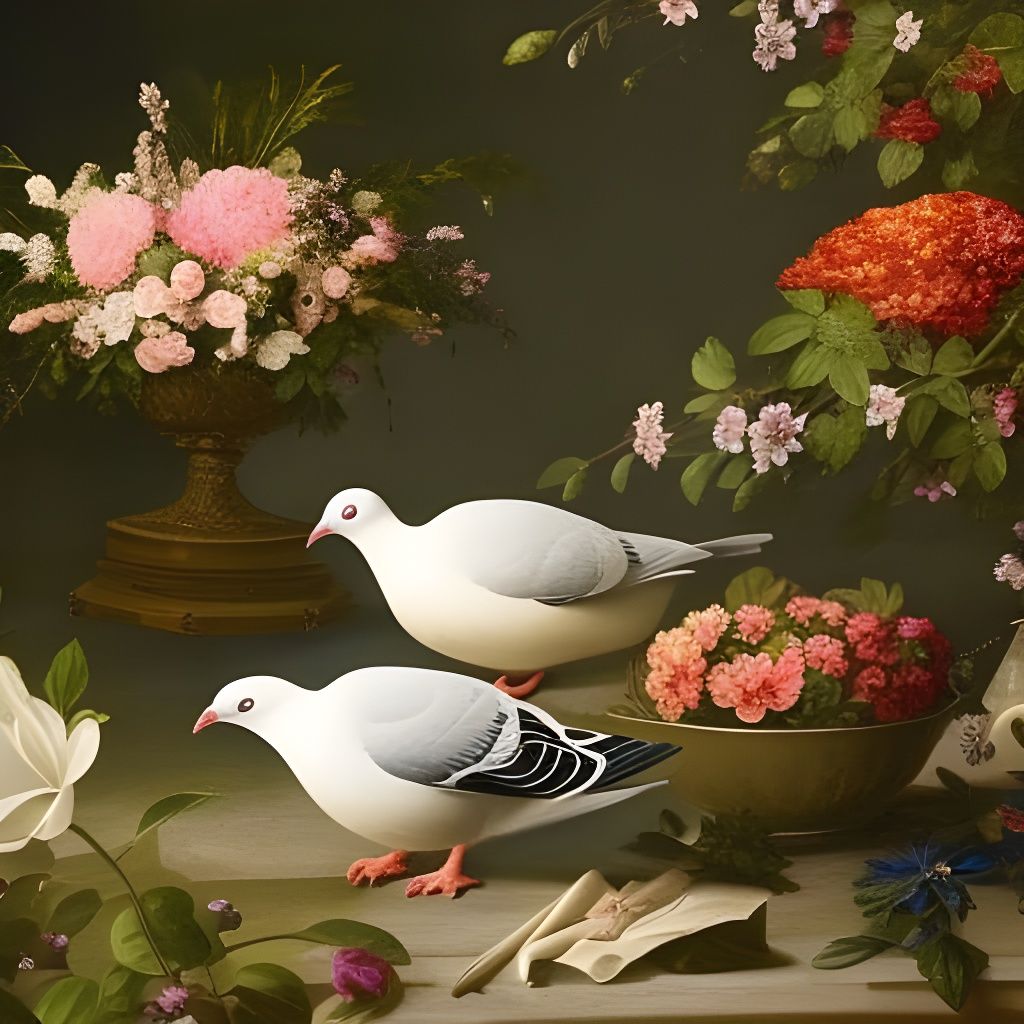 Pigeon Among Flowers in Classical Style