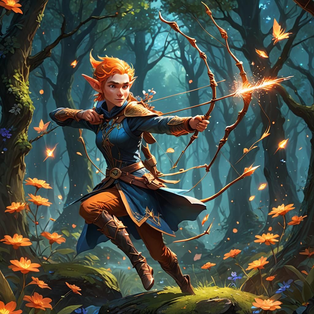 Elven Archer Leaping Through Blossoming Forest