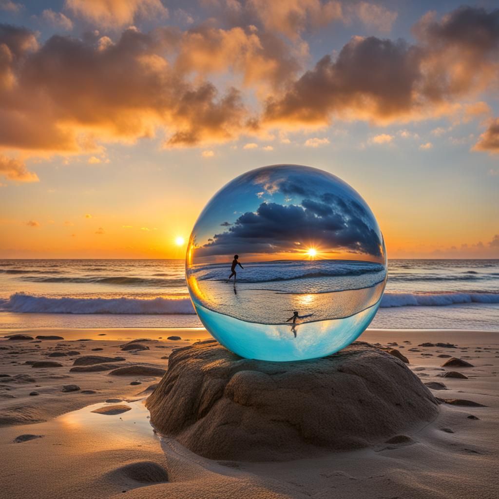 Glass Ball Reflecting Earth's Edge Waterfalls at Sunrise
