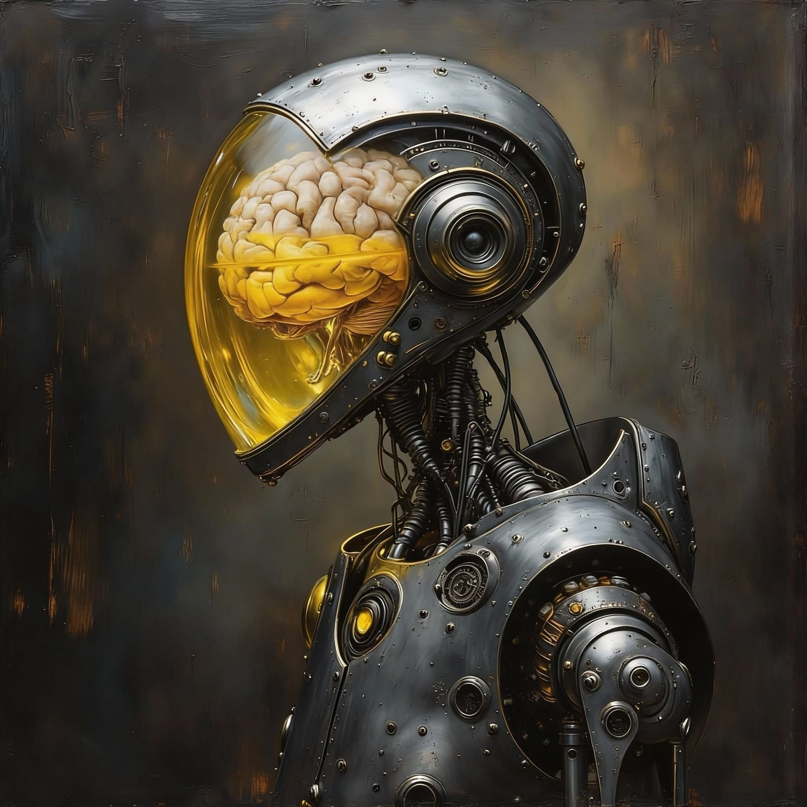 Robot Cyborg with Human Brain in Oil Paint Style