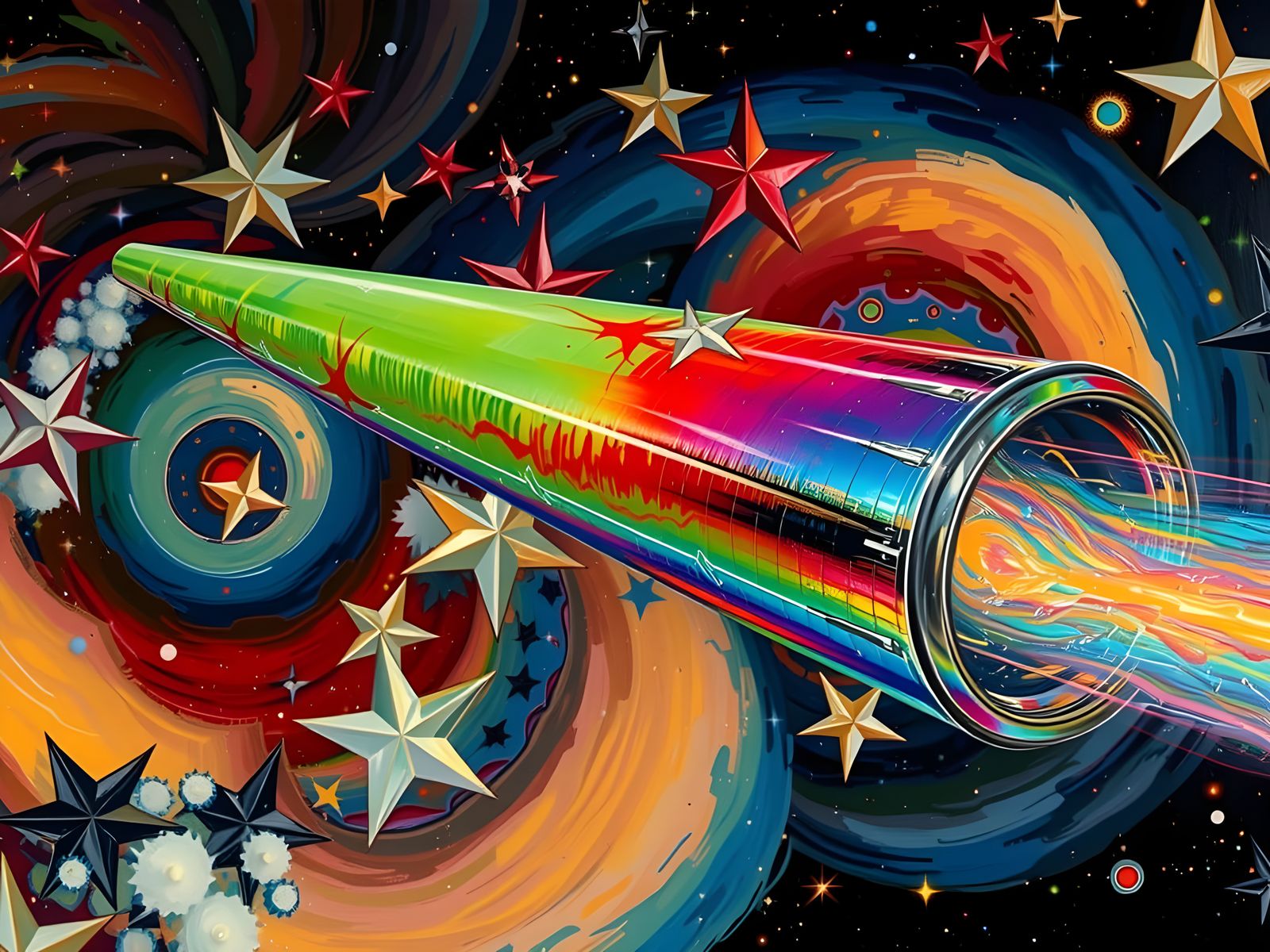 Sleek Rainbow Cylinder with Vortex Exhaust in Impasto Style