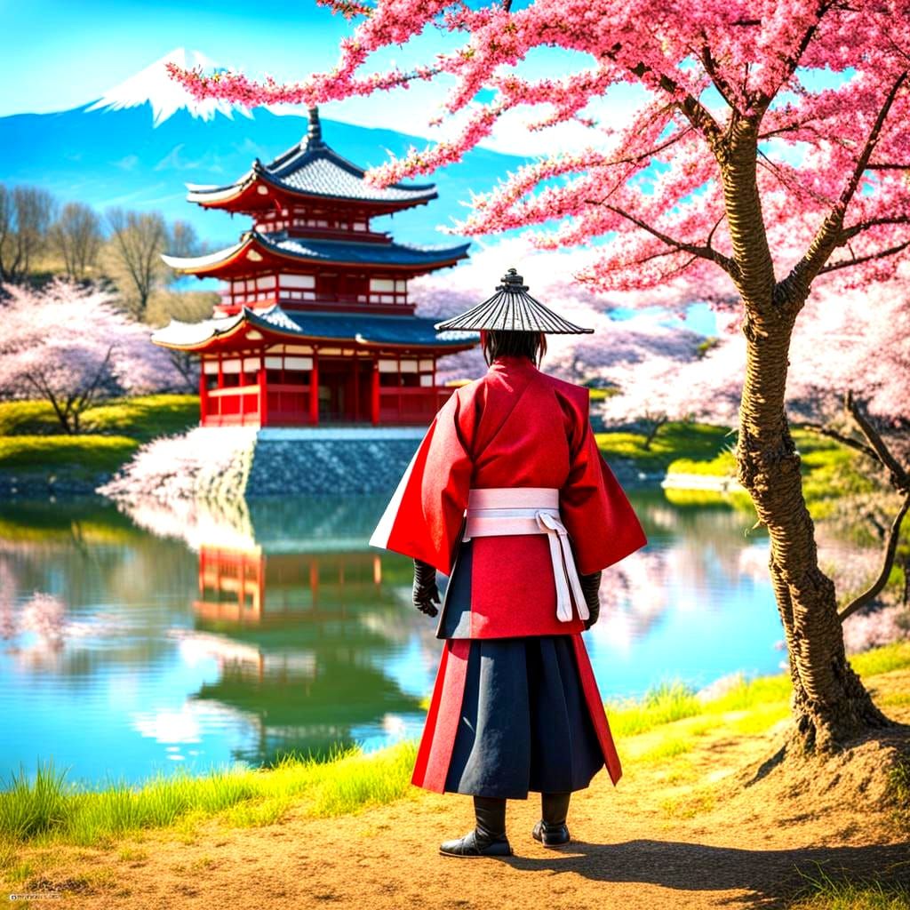 Samurai in Cherry Orchard with Temple: Abstract Art