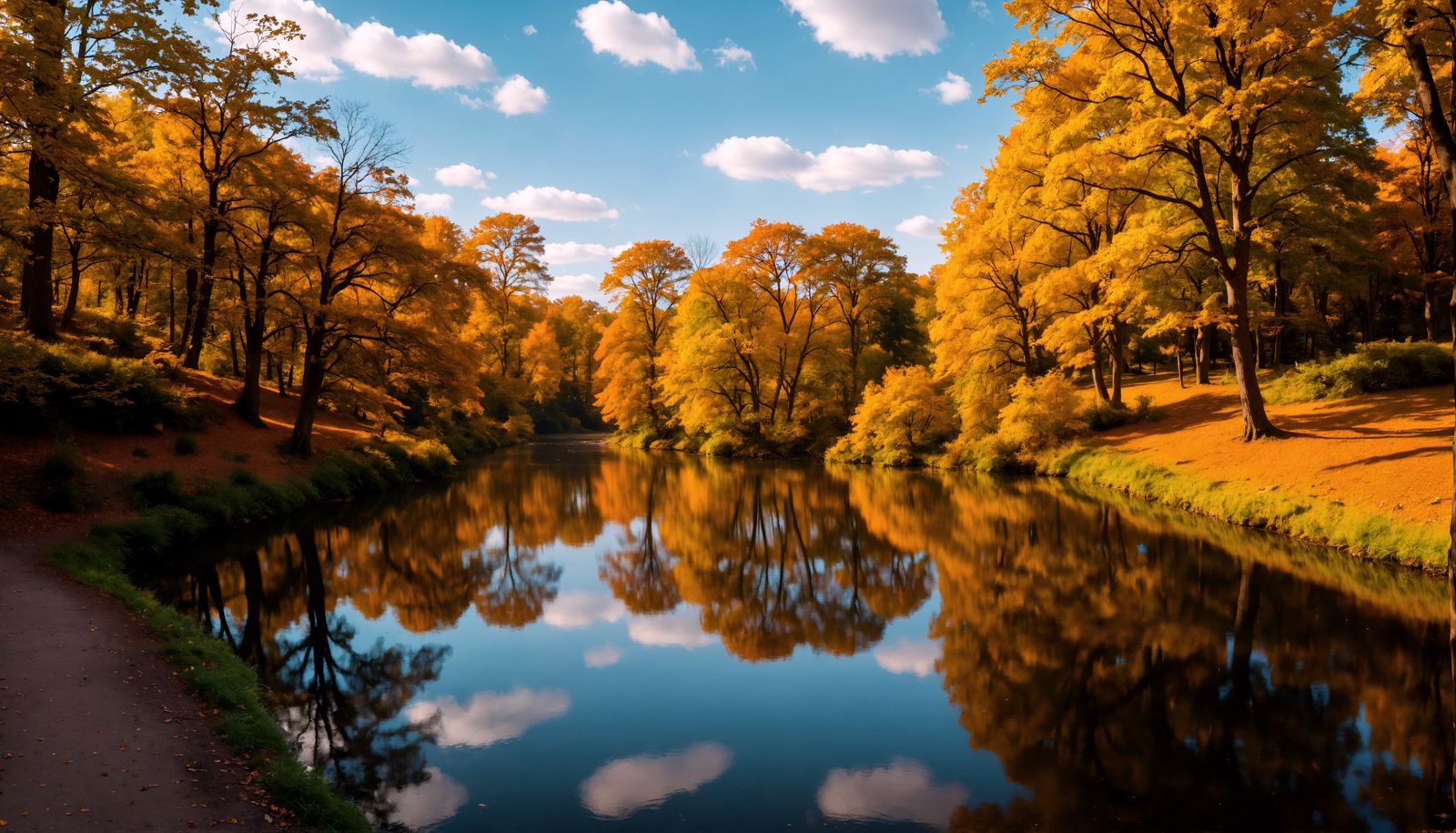 Autumn Forest Park River in Hyperrealistic Style