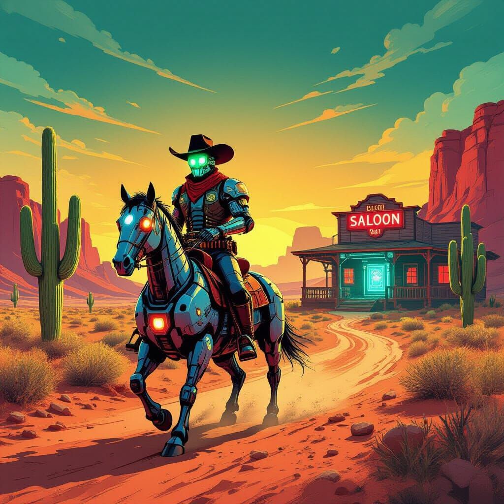 Cyberpunk Sheriff Rides Robotic Horse on Alien Planet