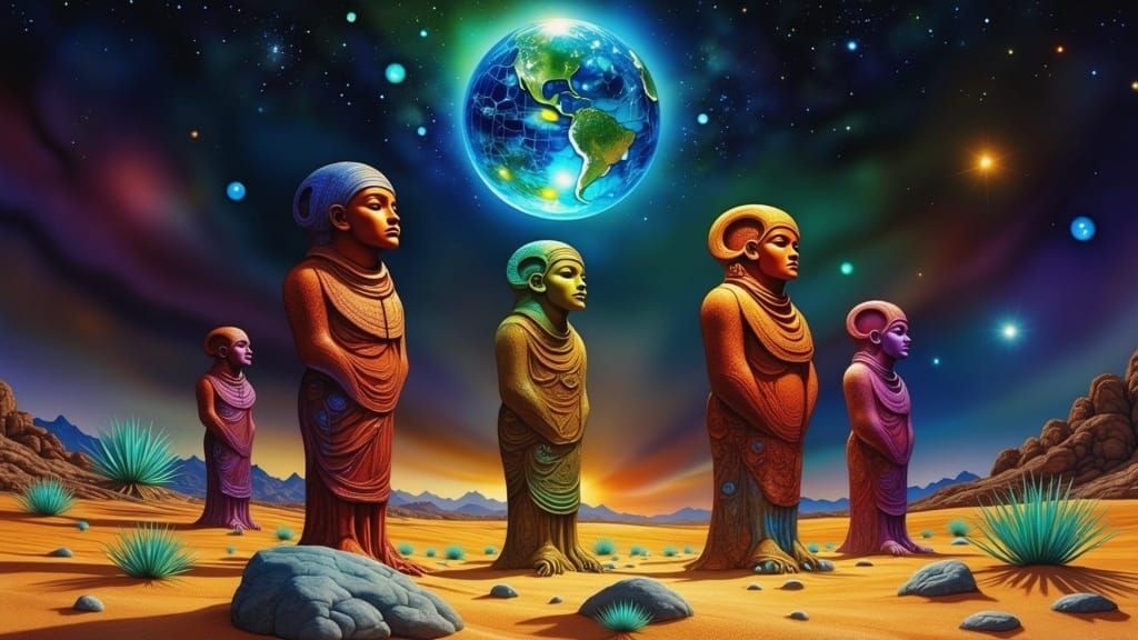 Aztec Sculptures in Surreal Desert Dreamscape