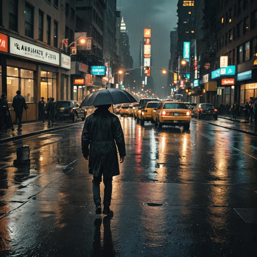 A rainy day in New York, midnight Cinematic film still, shot...