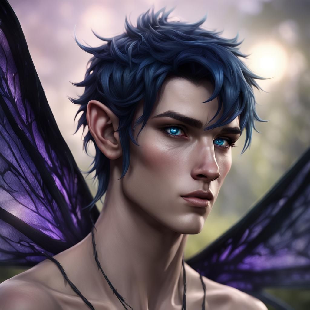 Fantasy Faerie Male with Black Wings and Violet Eyes