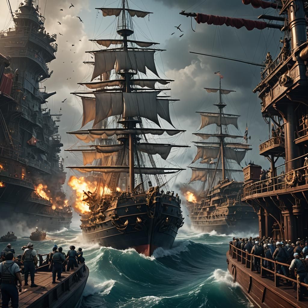 Medieval Sailors on Battleship: Detailed Matte Painting