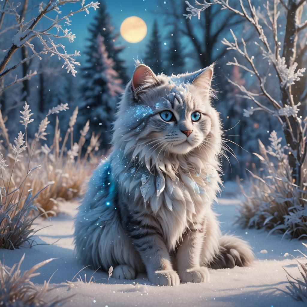 Icy Blue Cat in Winter Meadow, 3D Concept Art