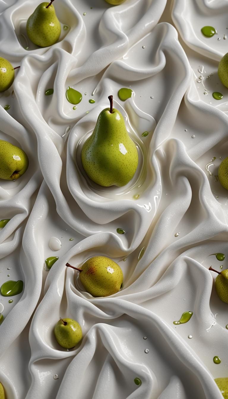 Ultra-Realistic Pear on Wet Milk Cloth in 8K