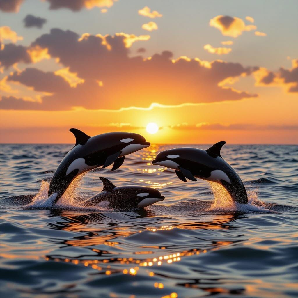 Orcas Leaping at Sunset in Impressionistic Style