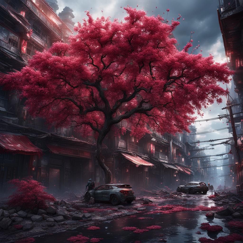 Red Cherry Blossoms in Apocalyptic City