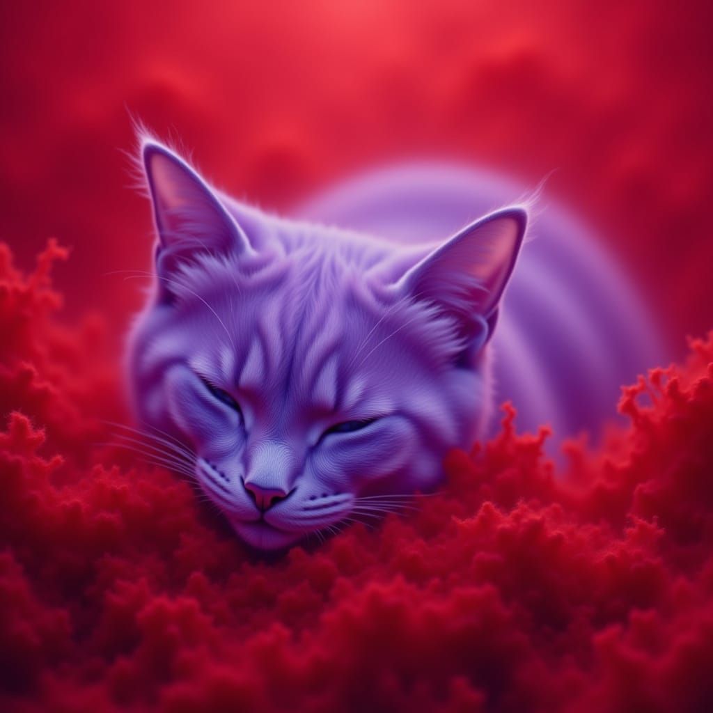 Purple Water Cat Sleeping on Red Pillow in Fog