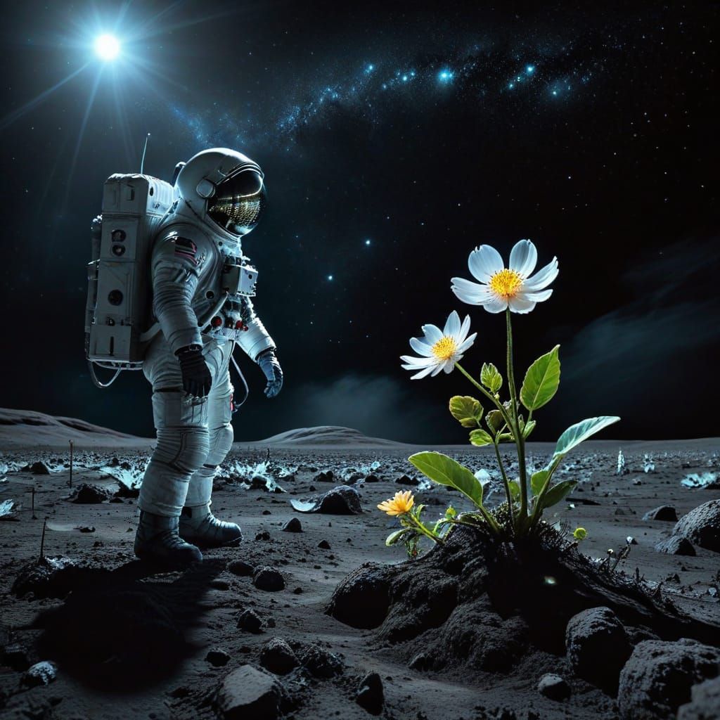 Cosmonaut Meets Glowing Lunar Bloom