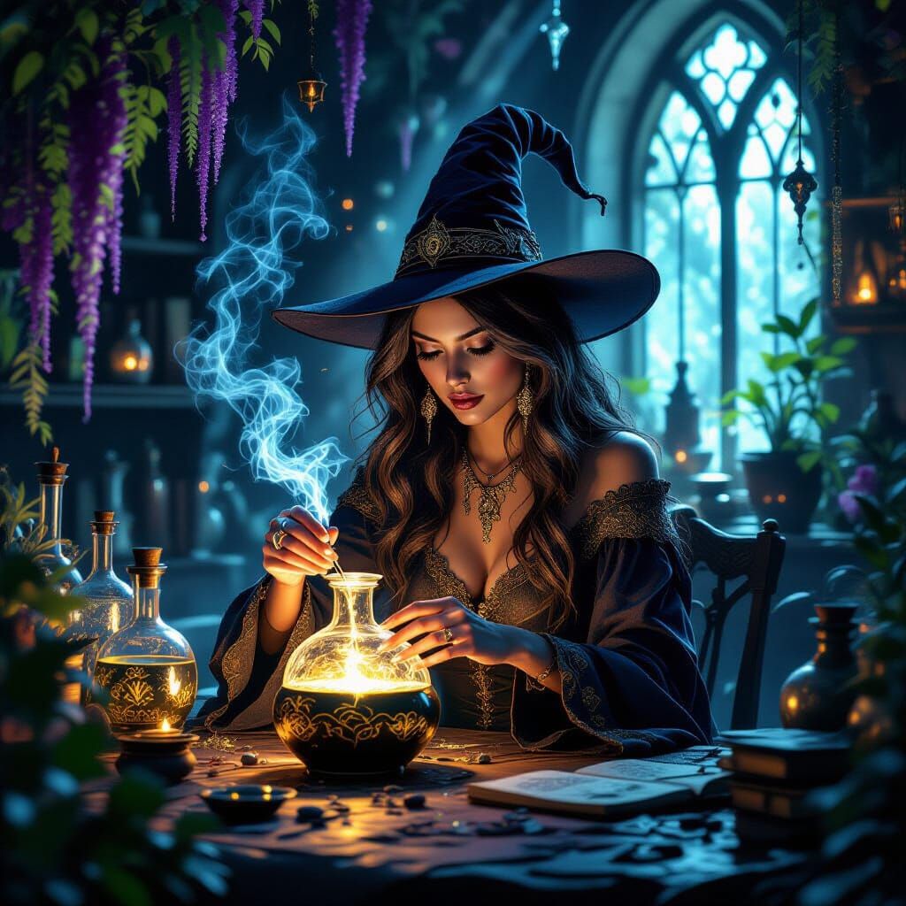 Enchanting Witch Crafting Potion in Bohemian Studio