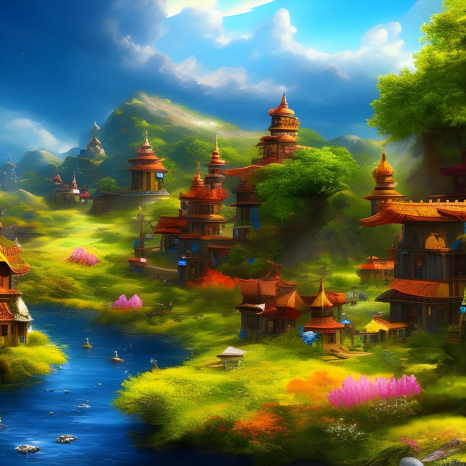 Fantasy town on a river with ducks