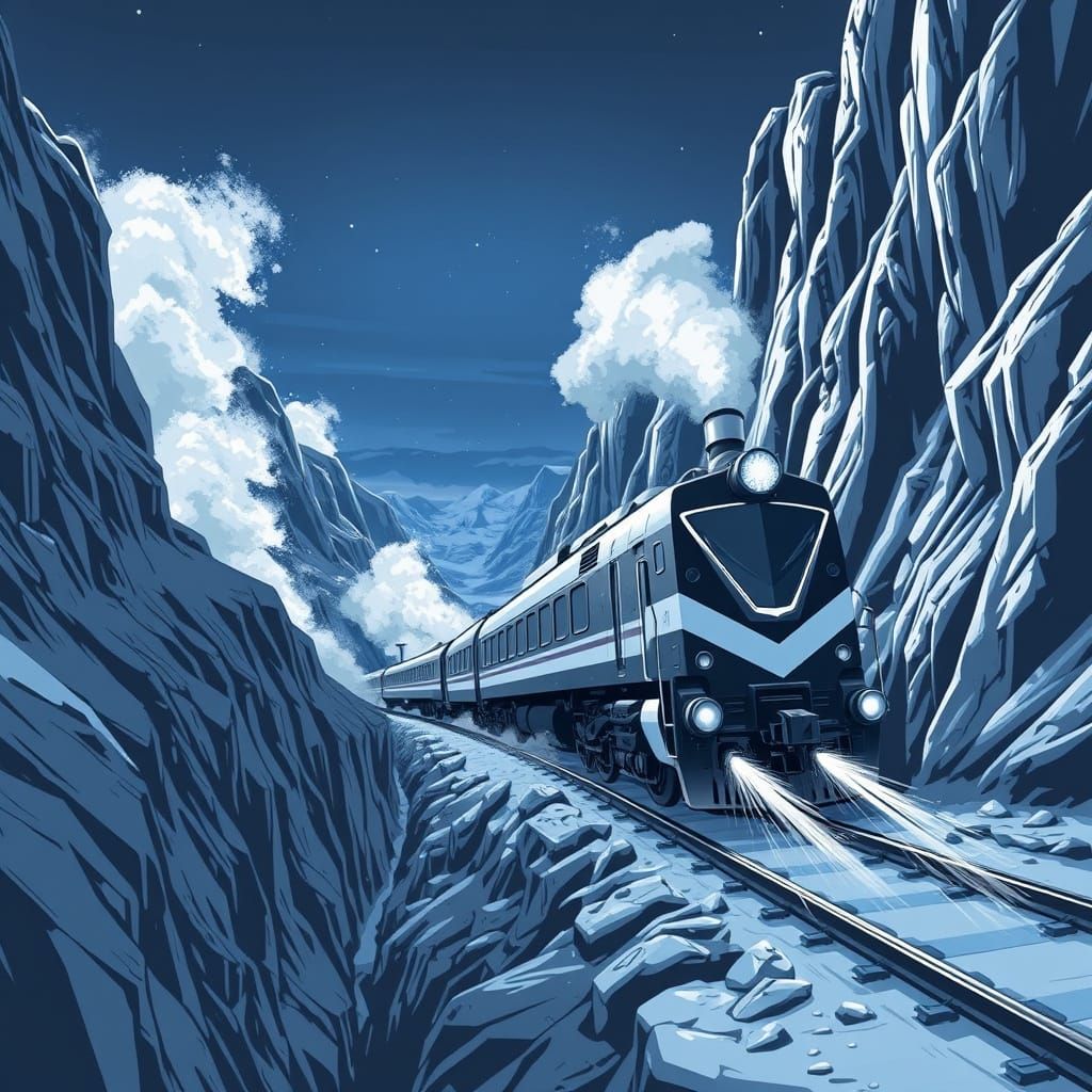 Modern Electric Train in Icy Canyon Pass