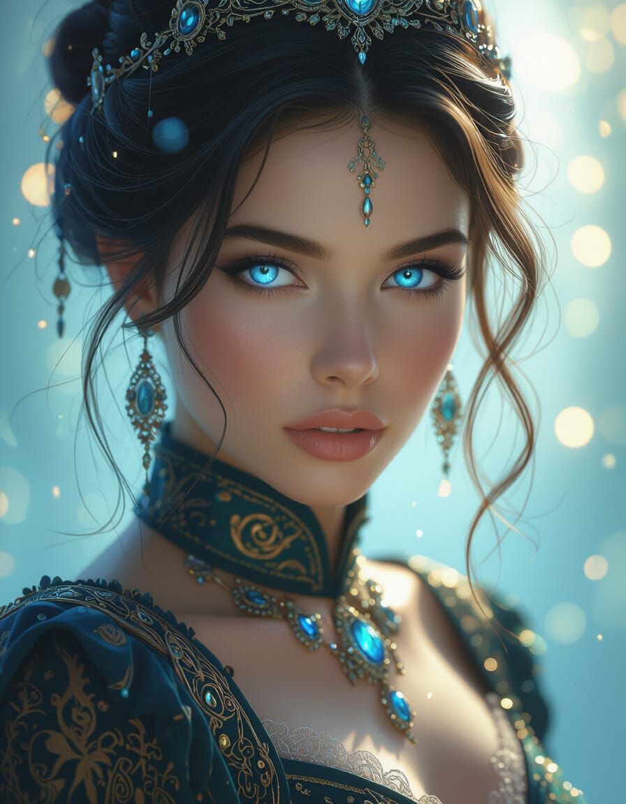 Mysterious Woman with Glowing Eyes in Dreamlike Close-Up