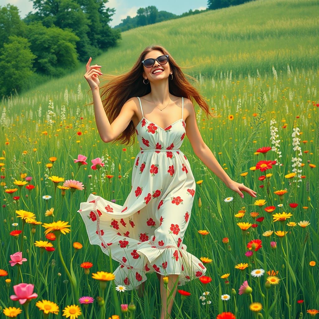 Woman in Meadow, Alphonse Mucha Style