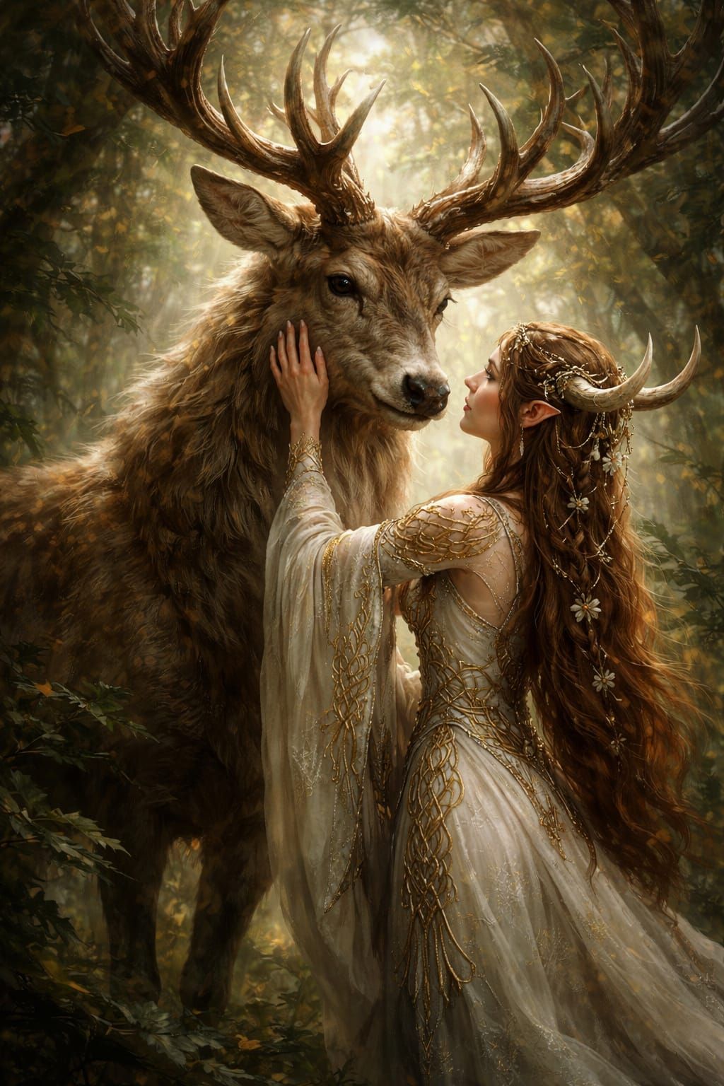 Elf Druid Priestess Meets Sacred Stag in Lush Wood