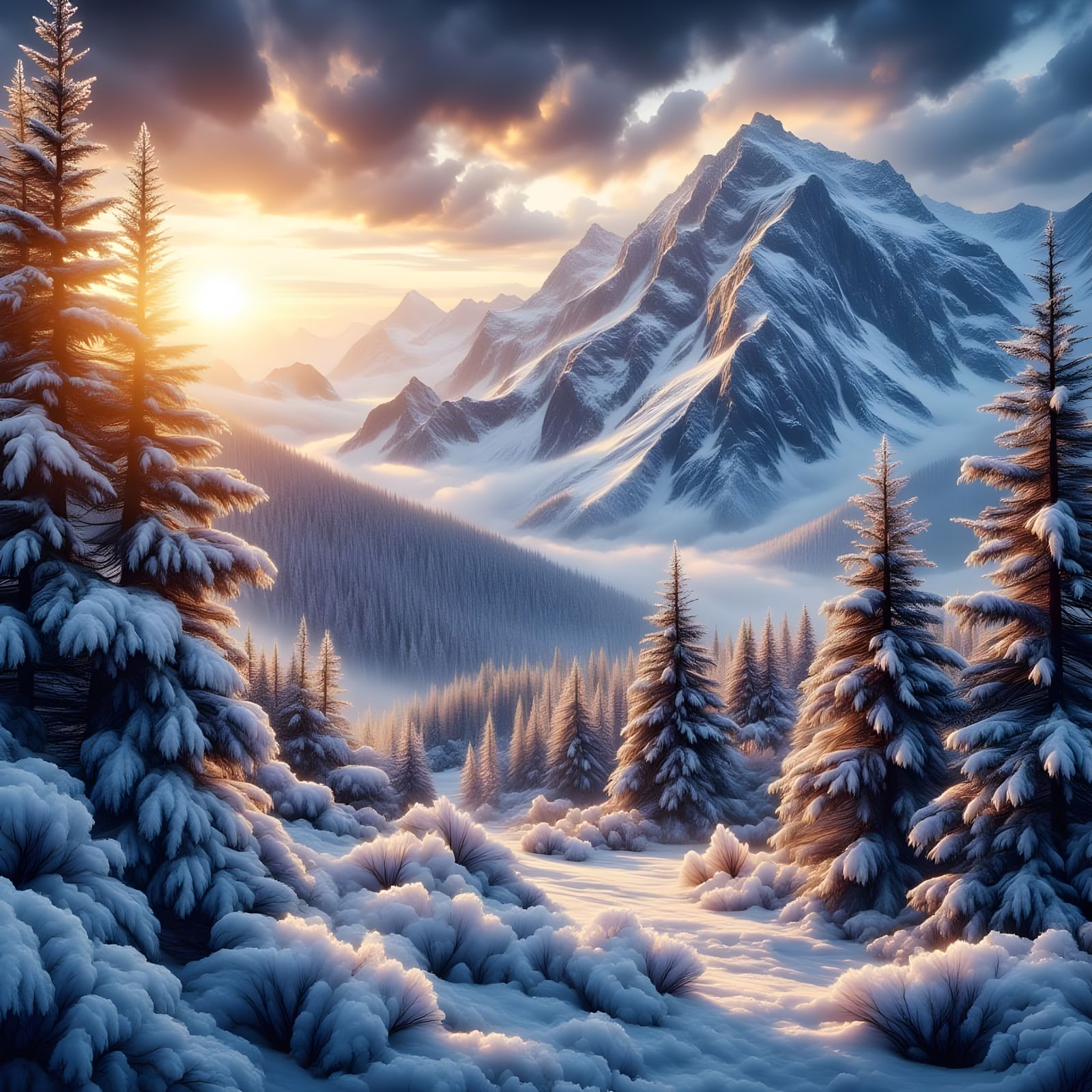 Majestic Snowy Mountain Range at Golden Hour