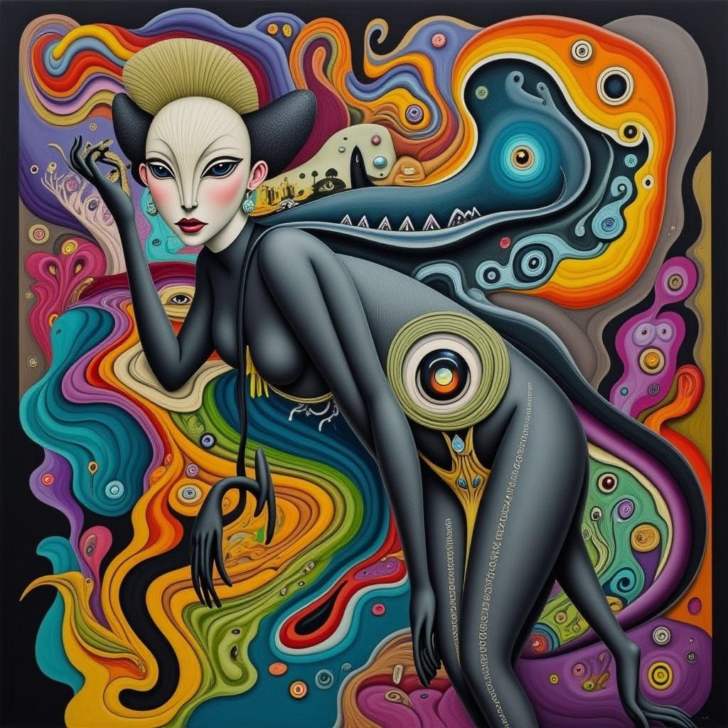 Cyberpunk Diva Amidst Vibrant Psychedelic Patterns