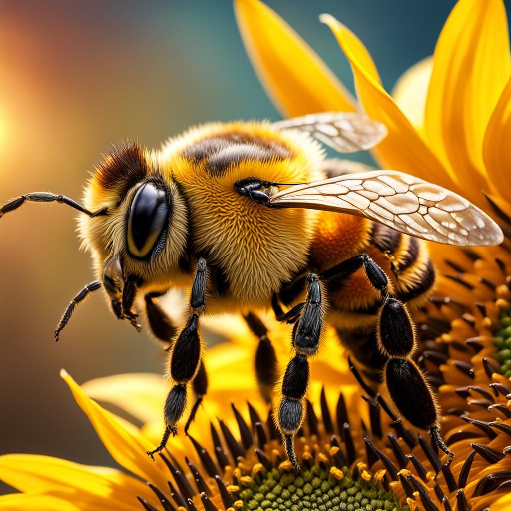 Honeybee on Sunflower in Hyperrealistic Style