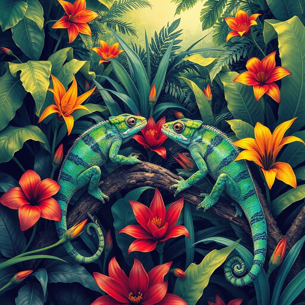 Vibrant Chameleons in Lush Tropical Rainforest