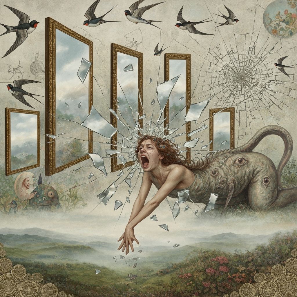 Angel Screaming Amid Broken Mirrors and Aquatic Being